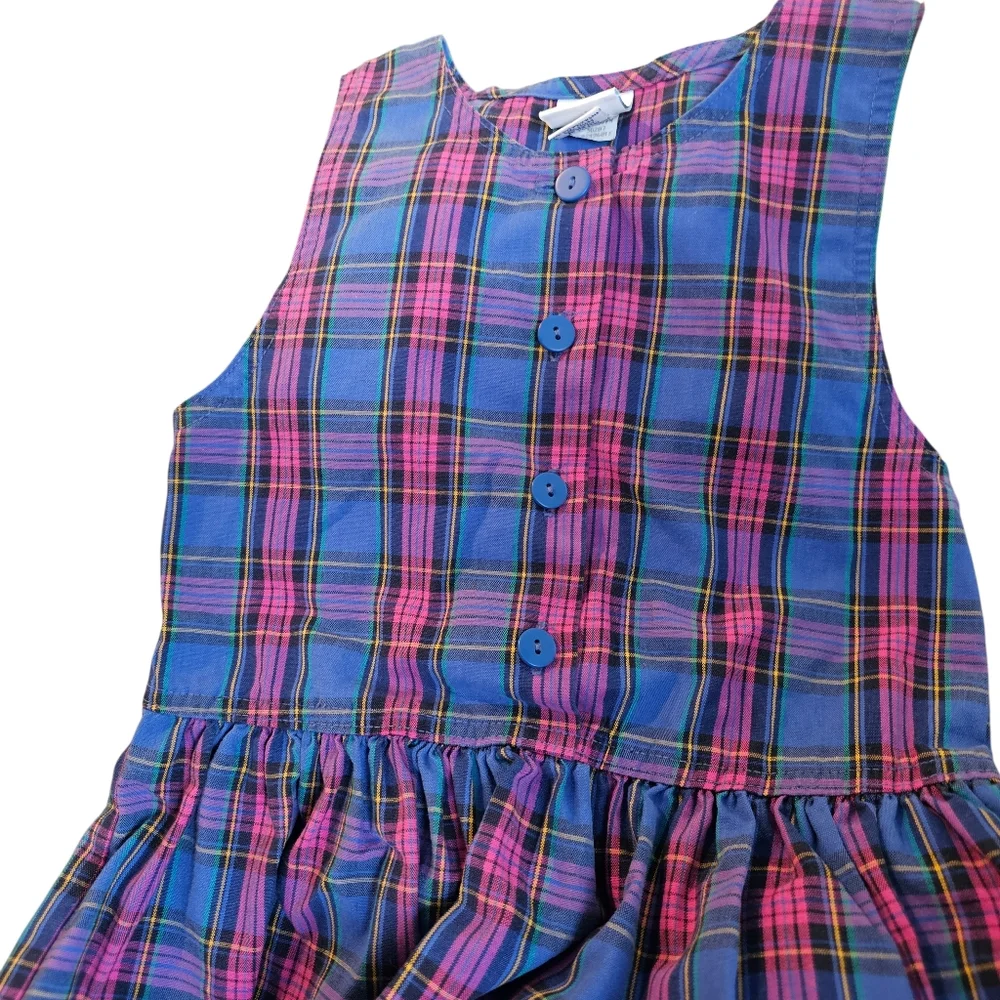 90s Oshkosh Plaid Dress Blue Pink Sz 6 Cotton‎ USA Sleeveless Knee Length